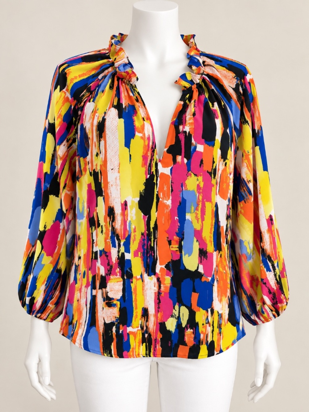 NY&C New York & Company Women’s Blouse Size L Abstract Colorful Ruffle Neck